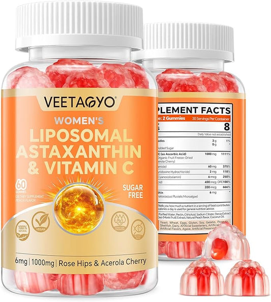 Astaxanthin Supplements 6mg + Liposomal Vitamin C 1000mg - Dual Layer - Niacin B6,B12,Folate,Biotin - Antioxidants - Gelatin Free,Sugar Free,60Cts