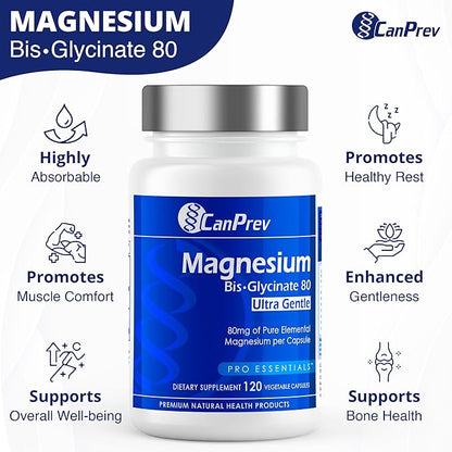 CanPrev Magnesium Biglycinate Chelated 80mg Ultra Gentle 120 V-Caps 120-Day Supply - Support Muscle Function, Bone Strength & Relaxation, Pure Magnesium Bisglycinate Formula, Promote Comfort & Balance