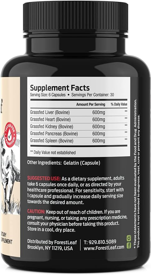 ForestLeaf Beef Organ Supplement - Grass Fed & Pasture Raised - Total Body Wellness & Performance, Organ Complex with 3000mg of Desiccated Beef Liver, Heart, Kidney, Pancreas, Spleen (180 Capsules)