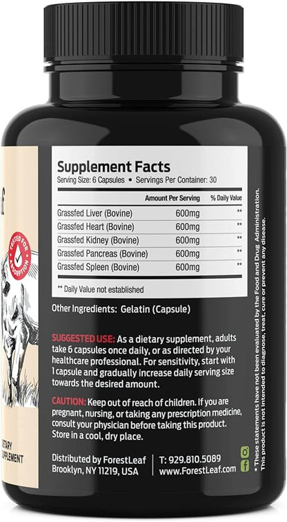 ForestLeaf Beef Organ Supplement - Grass Fed & Pasture Raised - Total Body Wellness & Performance, Organ Complex with 3000mg of Desiccated Beef Liver, Heart, Kidney, Pancreas, Spleen (180 Capsules)