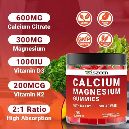 Calcium with Vitamin D3 K2 Gummies, Sugar Free Calcium Supplement for Women & Men, Chewable Calcium Citrate with Magnesium, Zinc for Bone, Muscle & Immune Support