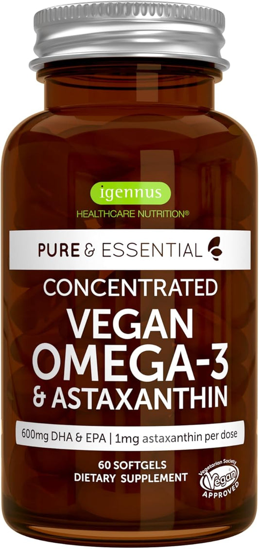 Igennus Vegan Omega-3 Natural Triglyceride Algae Oil, DHA & EPA Fatty Acid Supplement, 60 Small Softgels with Astaxanthin, Easy-to-Swallow, Pure & Sustainable, 30 Servings