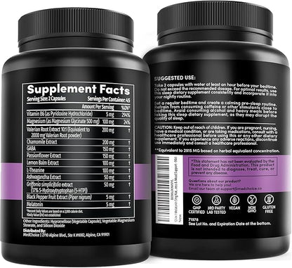 12-in-1 Melatonin Sleep Capsules - Natural Sleep Aids for Adults with Melatonin 5mg and Magnesium Glycinate 500mg, Sleep Aid with Ashwagandha, L Theanine, Valerian Root, GABA, 5-HTP (90ct, Pack of 2)