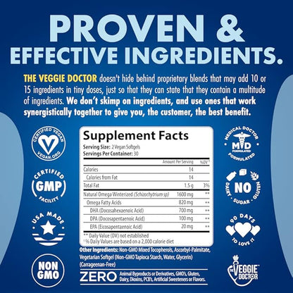 Vegan Omega 3 Supplement - Omega 3 Fish Oil Alternative - No Carrageenan – Plant Based Algae Omega3 Fatty Acid Supplements - DHA, EPA, DPA - Heart, Brain, Joint, Eye, Immune Support