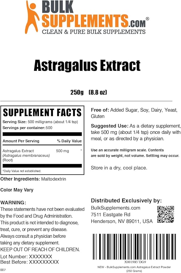 BulkSupplements.com Astragalus Extract Powder - from Astragalus Root, Astragalus Supplement - Vegan & Gluten Free, Astragalus Powder - 500mg per Serving, 250g (8.8 oz) (Pack of 1)