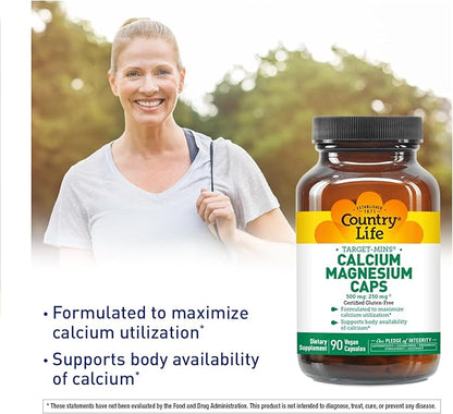 Country Life Target-Mins Calcium Magnesium Complex - 1000mg Calcium, 500mg Magnesium, Gluten-Free Supplement for Bone Health