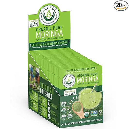 Kuli Kuli Moringa Oleifera Organic Leaf Powder & Green Smoothie, 100% Pure USDA Certified & Non-GMO Moringa Powder, Great with Smoothies, Tea, and Food, 0.4 Ounce, Pack of 20 (KK_PM)