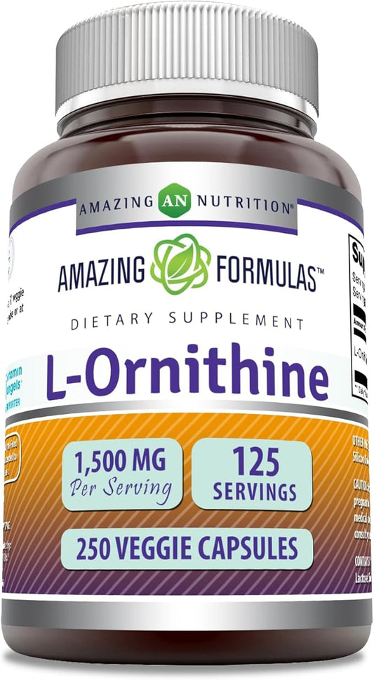 Amazing Formulas L-Ornithine Supplement | 1500 Mg Per Serving | 250 Veggie Capsules | Non-GMO | Gluten Free | Made in USA