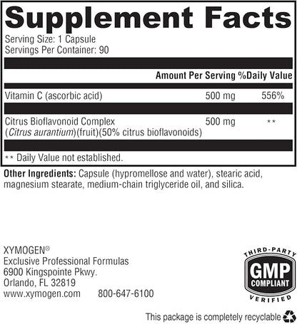 XYMOGEN Bio C 1:1 - High Potency Vitamin C Supplement with Citrus Bioflavonoids - Antioxidant + Immune Support, Promotes Collagen Synthesis (90 Vitamin C Capsules)