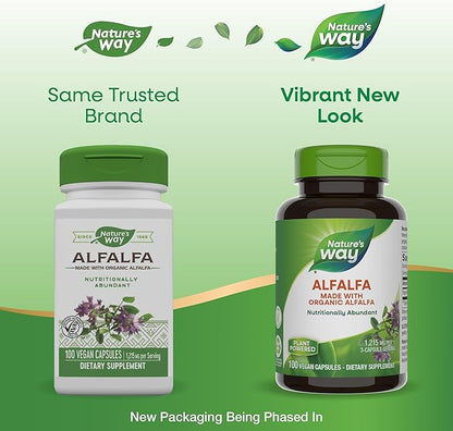 Nature's Way Alfalfa, Made With Organic Alfalfa, 1,215 mg per 3-capsule serving, Alfalfa Herbal Capsule, Gluten Free, Vegan, 100 Capsules (Packaging May Vary)