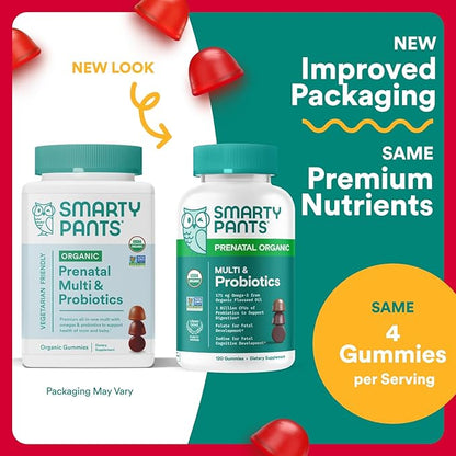 SmartyPants Organic Prenatal Vitamins for Women, Multivitamin Gummies: Probiotics, Biotin, Methylfolate, Omega 3 (ALA), Vitamin D3, C, Vitamin B12, B6, A, K2 & Zinc, Choline, 120 Count (30 Day Supply)