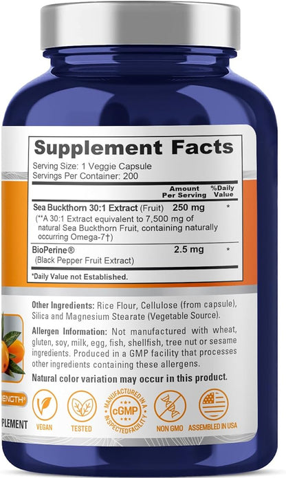 NusaPure Sea Buckthorn Omega-7 30:1 Extract, 250 mg Equivalent to 7,500mg per Veggie Powder Caps - 200 Count - Non-GMO & Vegan