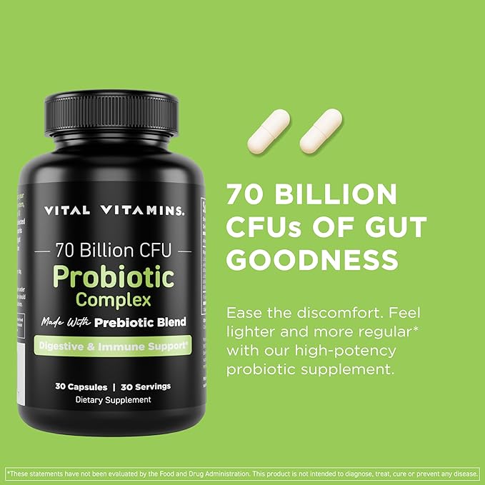 Vital Vitamins Probiotic Complex for Men & Women - 70 Billion CFU - Made with Prebiotic Blend - Digestive, Gut Health, & Immune Support - Powerful Blend of 10 Strains - 30 Capsules