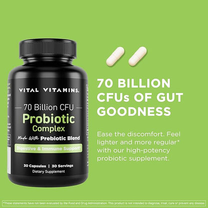 Vital Vitamins Probiotic Complex for Men & Women - 70 Billion CFU - Made with Prebiotic Blend - Digestive, Gut Health, & Immune Support - Powerful Blend of 10 Strains - 30 Capsules