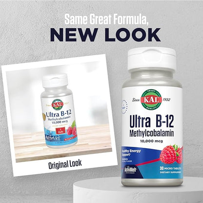 KAL Ultra B12 Methylcobalamin 10,000mcg, High Potency Vitamin B-12 for Healthy Energy, Metabolism, Nerve, Red Blood Cell Support,* Natural Raspberry Flavor, Vegetarian, 30 Micro Tablets, 30 Servings