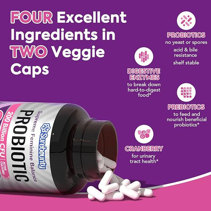 Women's Probiotic, 200 Billion CFU, Prebiotics + Digestive Enzymes + Cranberry, Complete Vaginal & Urinary Tract Health, Maintain pH & Yeast Balance, 60 Caps