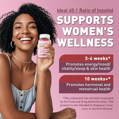 Myo-Inositol & D-Chiro Inositol Gummies for Women 2000mg + 50mg, 40:1 Ratio Inositol with Vegan Omega-3 + Vitamin D3, Magnesium Glycinate, Methyl Folate + B12 for Female Health & Wellness, Sugar Free