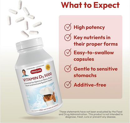 ANDREW LESSMAN Vitamin D3 5000 IU 60 Capsules - High Potency, Essential for Calcium Absorption, Supports Bone Health, Healthy Muscle Function, Immune System, More. Small Easy to Swallow Capsules