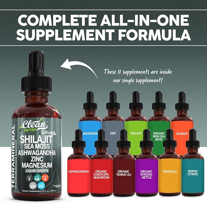 Shilajit Liquid Drops with Sea Moss, Ashwagandha, Zinc, Magnesium, Liquid Vitamins for Women and Men - Terra Mineral by Clean Nutra - 2Pack
