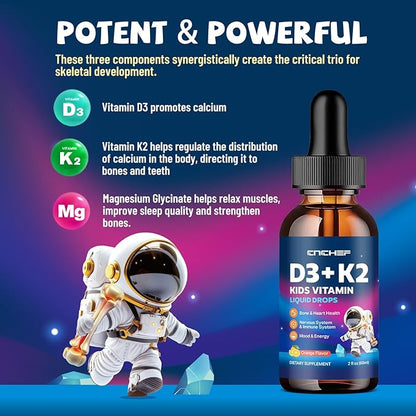 Vitamin D3 K2 Drops for Kids - Liquid Supplement with Magnesium for Calcium Absorption, Joint Health, Teeth & Heart - Non-GMO, Vegan, Orange, 2 Fl Oz - Kids Ages 4+