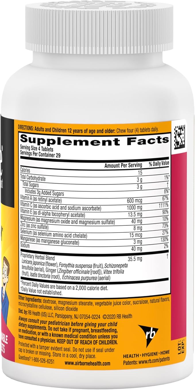 Airborne Vitamin C 1000mg (per Serving) - Very Berry Chewable Tablets (116 Count in a Bottle), Gluten-Free Immune Support Supplement, with Vitamins A C E, Zinc, Selenium, Ginger, Antioxidants