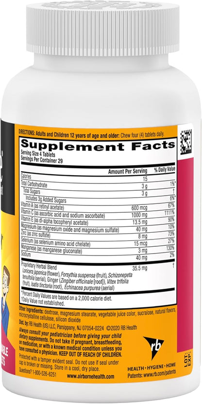 Airborne Vitamin C 1000mg (per Serving) - Very Berry Chewable Tablets (116 Count in a Bottle), Gluten-Free Immune Support Supplement, with Vitamins A C E, Zinc, Selenium, Ginger, Antioxidants