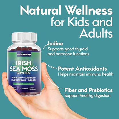 Irish Sea Moss Gummies - with Black Seed Elderberry Bladderwrack Burdock Turmeric Omega-3 Vitamins C D3 Zinc - Seamoss Supplements for Adults Women Men - Sugar-Free Gluten Free Vegan