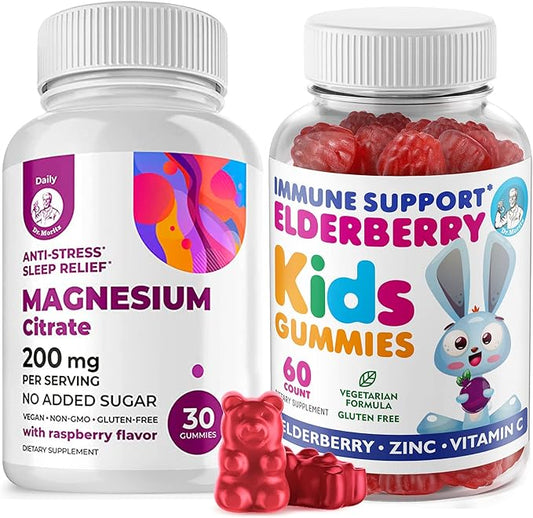 Elderberry Gummies for Kids and Magnesium 200 mg Gummies Sugar-Free - Healthy Immune System Booster and Health Support with Elderberries Extract with Magnesium Calm Chews for Kids & Adults Sugar-Free