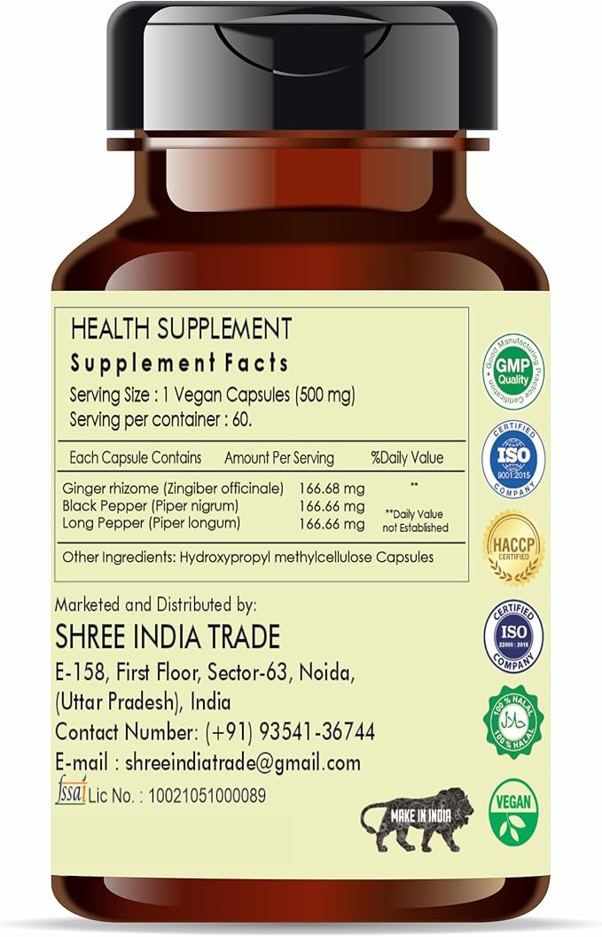 Trikatu Extract 500mg - 60 Vegetarian Capsules | Ginger with Black Pepper & Long Pepper Extract | | All Natural | 100% Vegan | Gluten-Free | GMP Certified.
