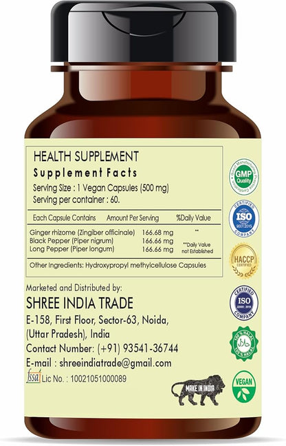 Trikatu Extract 500mg - 60 Vegetarian Capsules | Ginger with Black Pepper & Long Pepper Extract | | All Natural | 100% Vegan | Gluten-Free | GMP Certified.