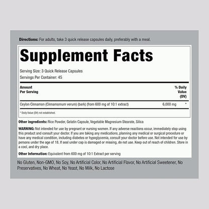 Piping Rock Ceylon Cinnamon Capsules 6000mg | 135 Count | Concentrated Herbal Extract Supplement | for Men and Women | Non-GMO, Gluten Free