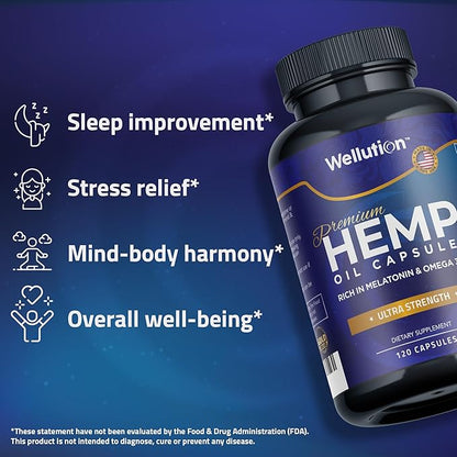 WELLUTION Hemp Oil Capsules with Ashwaganda and Melatonin (2-PK) Rich in Omega 3-6-9 - Supports Healthy Sleep, Stress, & Mood - Feel Refreshed - Made in USA - 120 Count