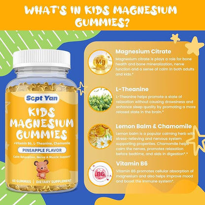 Magnesium Gummies for Kids - Magnesium Citrate Supplement with Vitamin B6, L-theanine, Chamomile & Lemon Balm - Calm Magnesium for Kids & Adults Sleep, Relaxation, Pineapple Flavor 60 Gummies