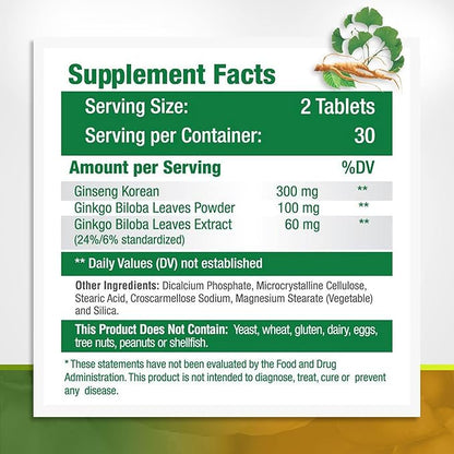 Ginko Biloba & Panax Ginseng Supplement - Red Ginseng Brain Supplement for Memory and Focus - Ginkgo Biloba Supplements for Good Vision, Immune System and Improved Blood Flow - 120 Tablets