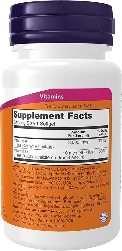 NOW Supplements, Vitamin A & D 10,000/400 IU, Eye Health*, Essential Nutrition, 100 Softgels