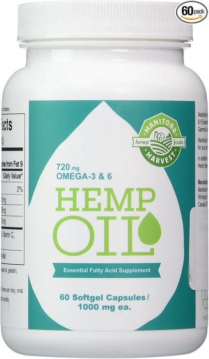 Manitoba Harvest Hemp Oil Essential Fatty Acid Supplement 1000 mg. - 60 Capsules, 2 pack