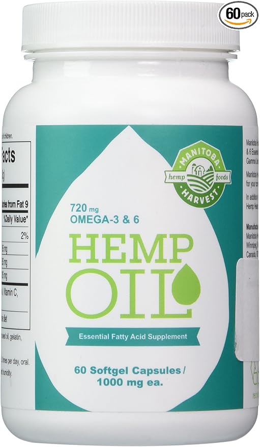 Manitoba Harvest Hemp Oil Essential Fatty Acid Supplement 1000 mg. - 60 Capsules, 2 pack