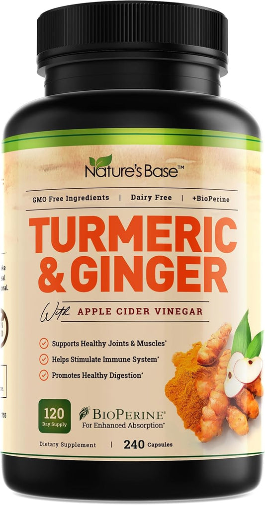 Nature's Base Turmeric Curcumin Supplement - with Ginger, Apple Cider Vinegar, & BioPerine Black Pepper Extract - 95% Curcuminoids - 240 Capsules