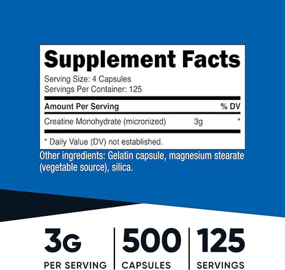 Nutricost Micronized Creatine Monohydrate 3,000mg 500 Capsules, 125 Servings, 750mg of Creatine Monohydrate Per Capsule