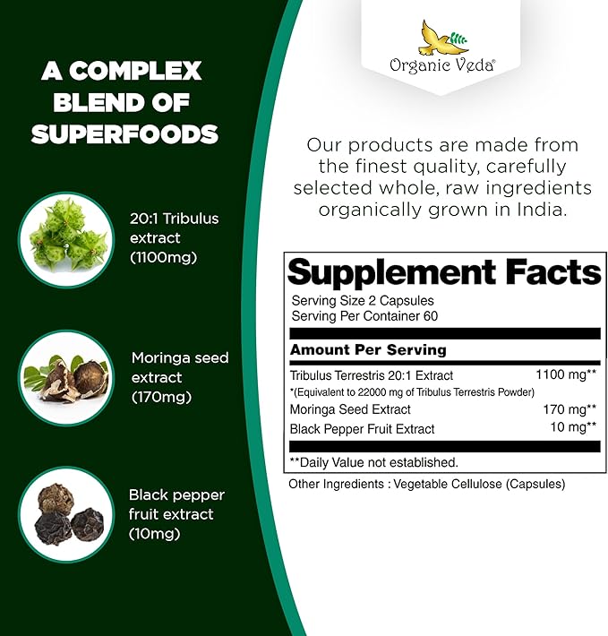 Organic Veda Tribulus Terrestris Extract Capsules for Men, 22000mg - Tribulus Terrestris Super Strength with Moringa & Black Pepper - Boost Energy, Stamina & Performance - Vegan, Non-GMO - 120 Count