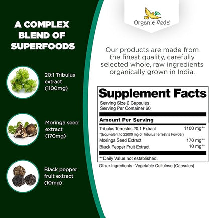 Organic Veda Tribulus Terrestris Extract Capsules for Men, 22000mg - Tribulus Terrestris Super Strength with Moringa & Black Pepper - Boost Energy, Stamina & Performance - Vegan, Non-GMO - 120 Count