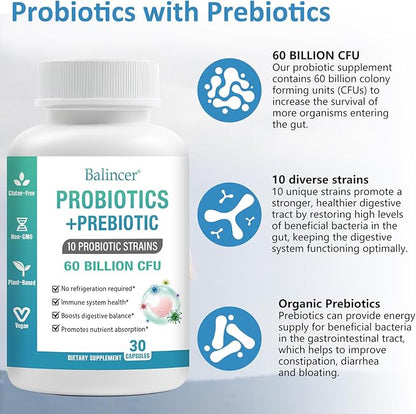 Probiotics and Organic Prebiotics for Women & Men, 60 Billion CFUs 10 Strains, Support Digestive & Gut Health, Gas & Bloating, 30 Capsules