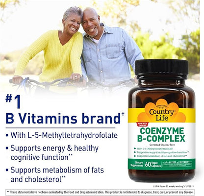 Country Life Coenzyme B-Complex, 60 Capsules – Supports Energy & Metabolism, Mood & Cognitive Function – Vegan, Gluten-Free, Bioavailable B Vitamins with Choline