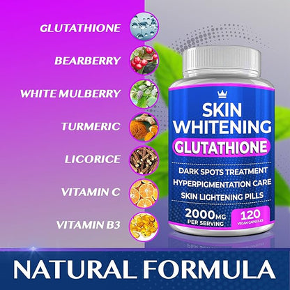 Glutathione Whitening Pills - 120 Capsules 2000mg Glutathione - Effective Skin Lightening Supplement - Dark Spots, Melasma & Acne Scar Remover, Hyperpigmentation Treatment - Anti-Aging Antioxidant