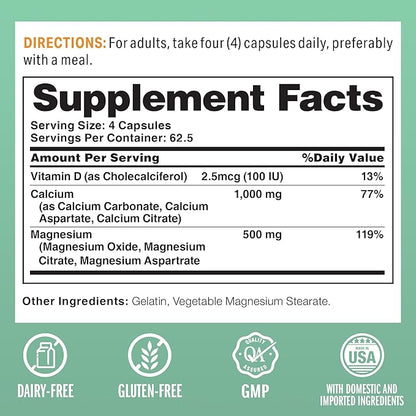 Vitamin World Calcium Magnesium with Vitamin D3, Bone Health, Muscle & Nerve Function Support, with Calcium 1000mg, Magnesium 500mg, Rapid-Release, Gluten & Dairy Free, 250 Capsules
