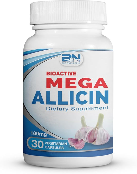 100% Pure Stabilized Allicin from Garlic, Odor-Controlled by Mega Allicin | 180,000mcg (180mg) Vegetarian (vCAPS) Non-GMO, Gluten-Free | Derived from Allium Sativum (30 Count)