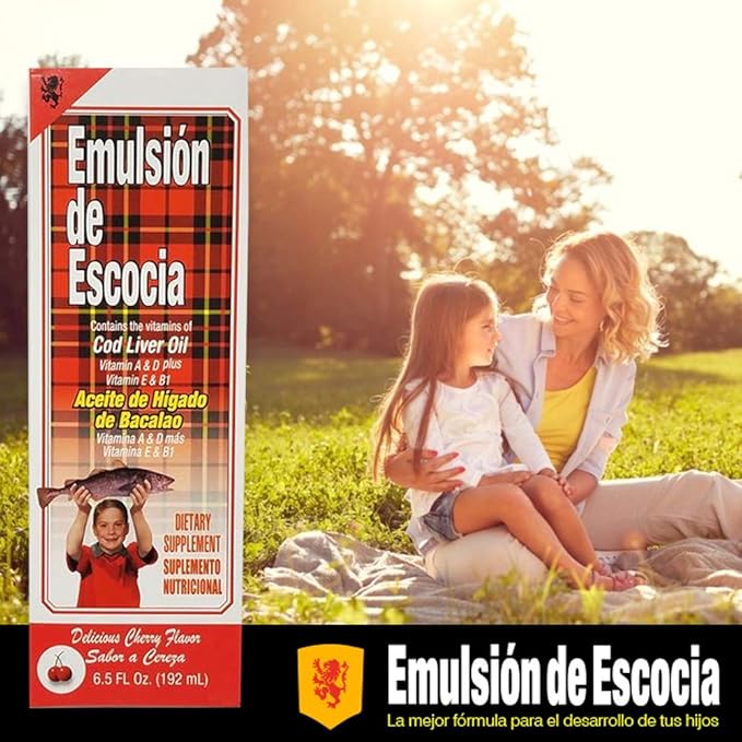 Emulsion de Escocia Cod Liver Oil Dietary Supplement. Rich in Vitamins A, D, E and B1. Cherry Flavoured. 6.5 Fl Oz / 192 mL. Pack of 3