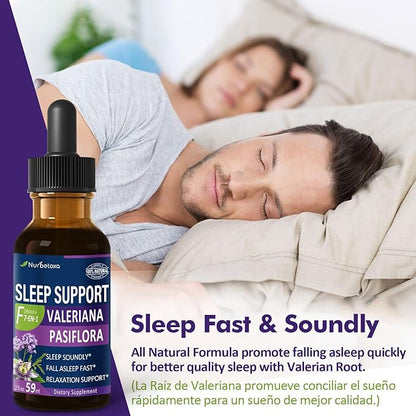 Valerian Sleep Support Drops, Gotas de Pasiflora y Valeriana y Lavanda para Dormir Profundamente rapido. Passion Flower & Lavender Extract Liquid Tincture for Fast and Sound Sleep. 2oz
