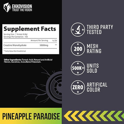 Creatine Monohydrate Powder, Micronized, Pineapple Paradise, Pre Workout & Post Workout Supplement for Men and Women, Energy Support, Easy to Mix in Shakes, Smoothies & Beverages, 100 Srvgs