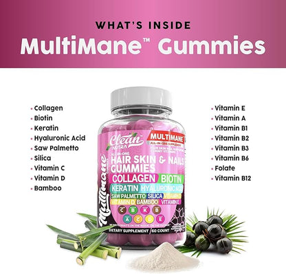 Clean Nutraceuticals Biotin Collagen Keratin Gummies | Hair Skin and Nails Vitamins for Women | Hyaluronic Acid Bamboo Vitamin A C D3 E Folate With Saw Palmetto Silica B3 B12 Vegan Gummy